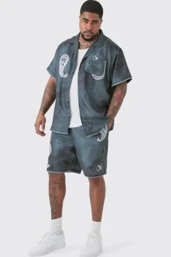 Plus Linen Look Tie Dye Paisley Embroidered Shirt & Short Set | BoohooMAN UK