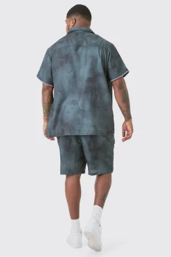 Plus Linen Look Tie Dye Paisley Embroidered Shirt & Short Set | BoohooMAN UK