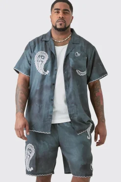 Plus Linen Look Tie Dye Paisley Embroidered Shirt & Short Set | BoohooMAN UK