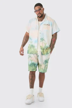 Plus Linen Look Watercolour Landscape Shirt & Short Set | BoohooMAN UK