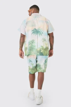 Plus Linen Look Watercolour Landscape Shirt & Short Set | BoohooMAN UK