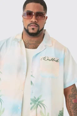 Plus Linen Look Watercolour Landscape Shirt & Short Set | BoohooMAN UK