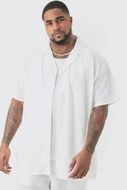 Plus Linen Oversized Revere Shirt In White | BoohooMAN UK