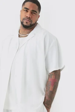 Plus Linen Oversized Revere Shirt In White | BoohooMAN UK