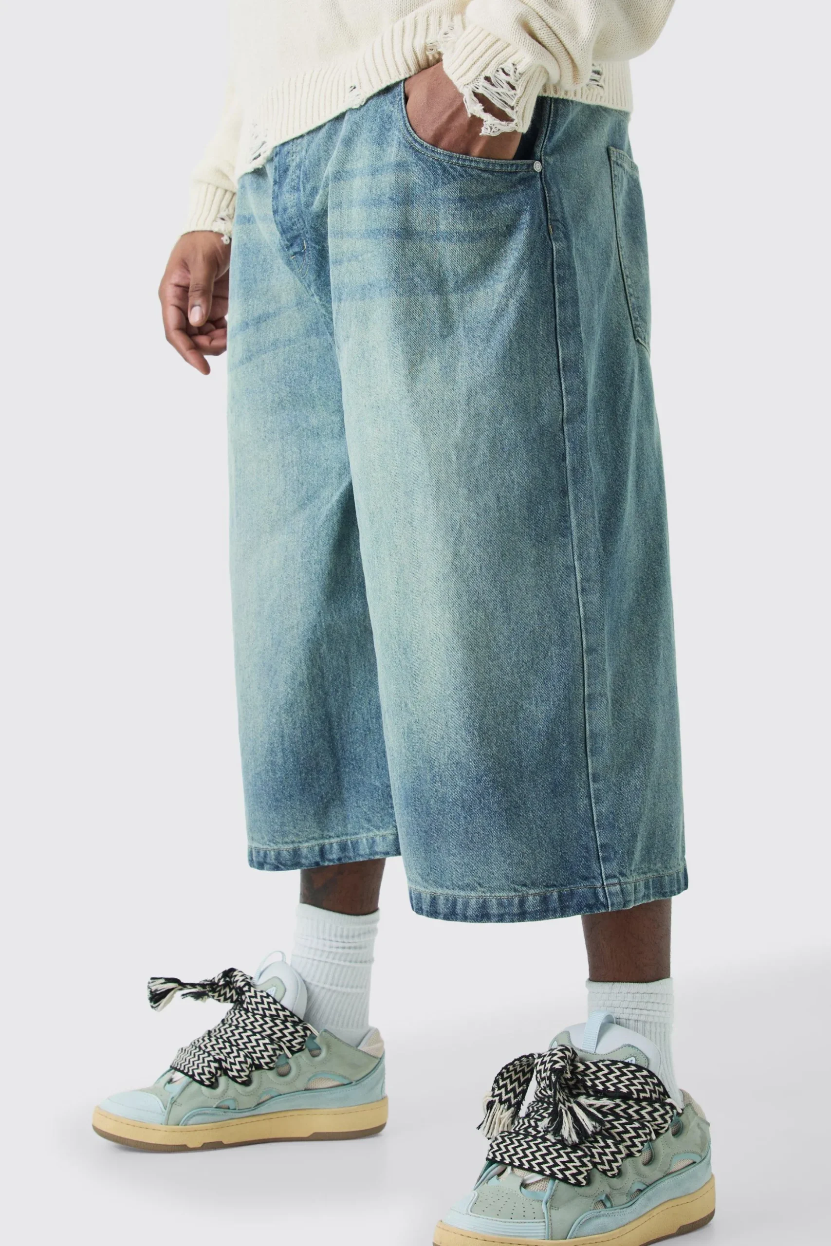 Plus Long Line Denim Jorts In Antique Blue Wash | BoohooMAN UK