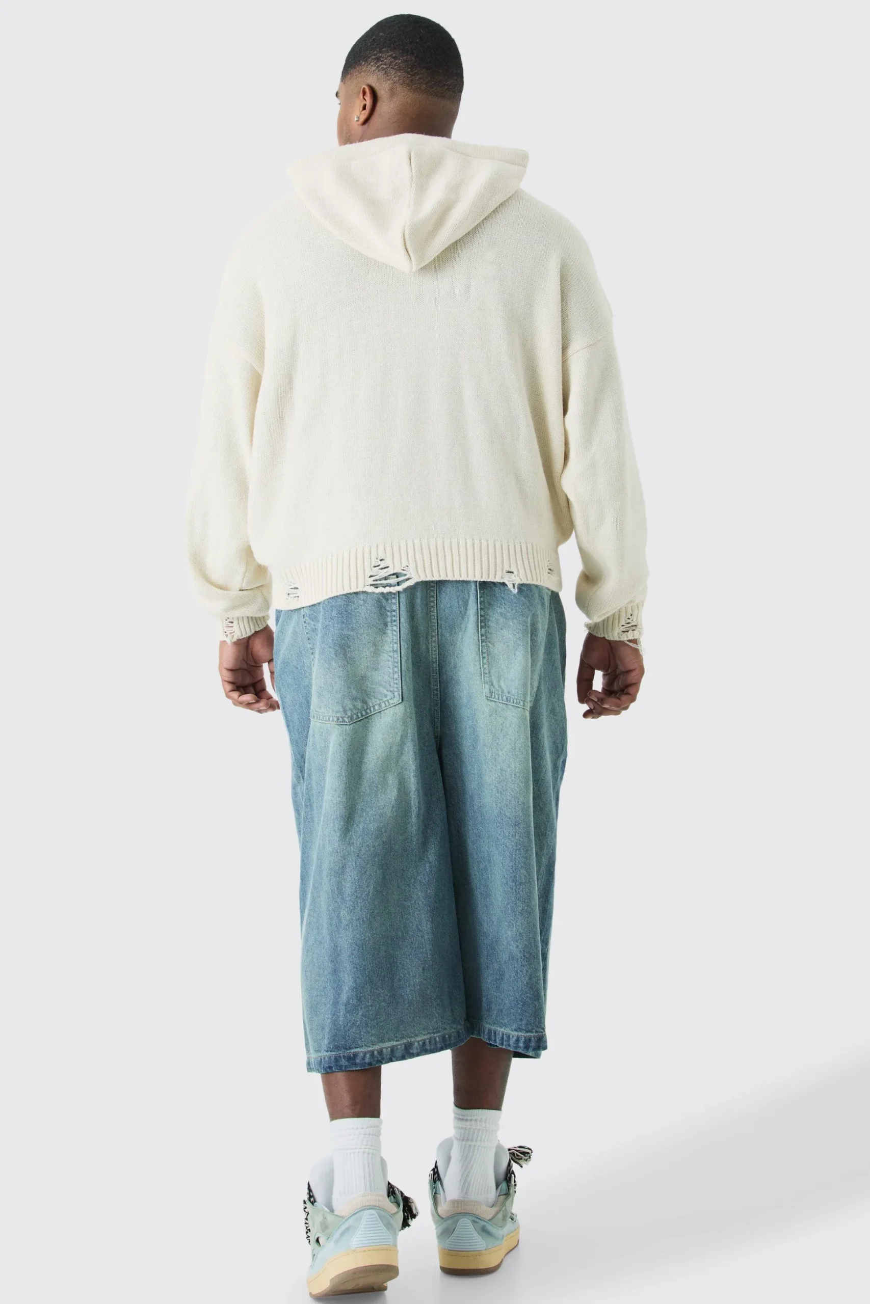 Plus Long Line Denim Jorts In Antique Blue Wash | BoohooMAN UK