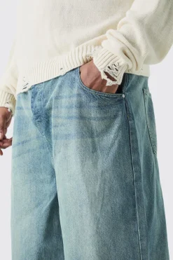 Plus Long Line Denim Jorts In Antique Blue Wash | BoohooMAN UK