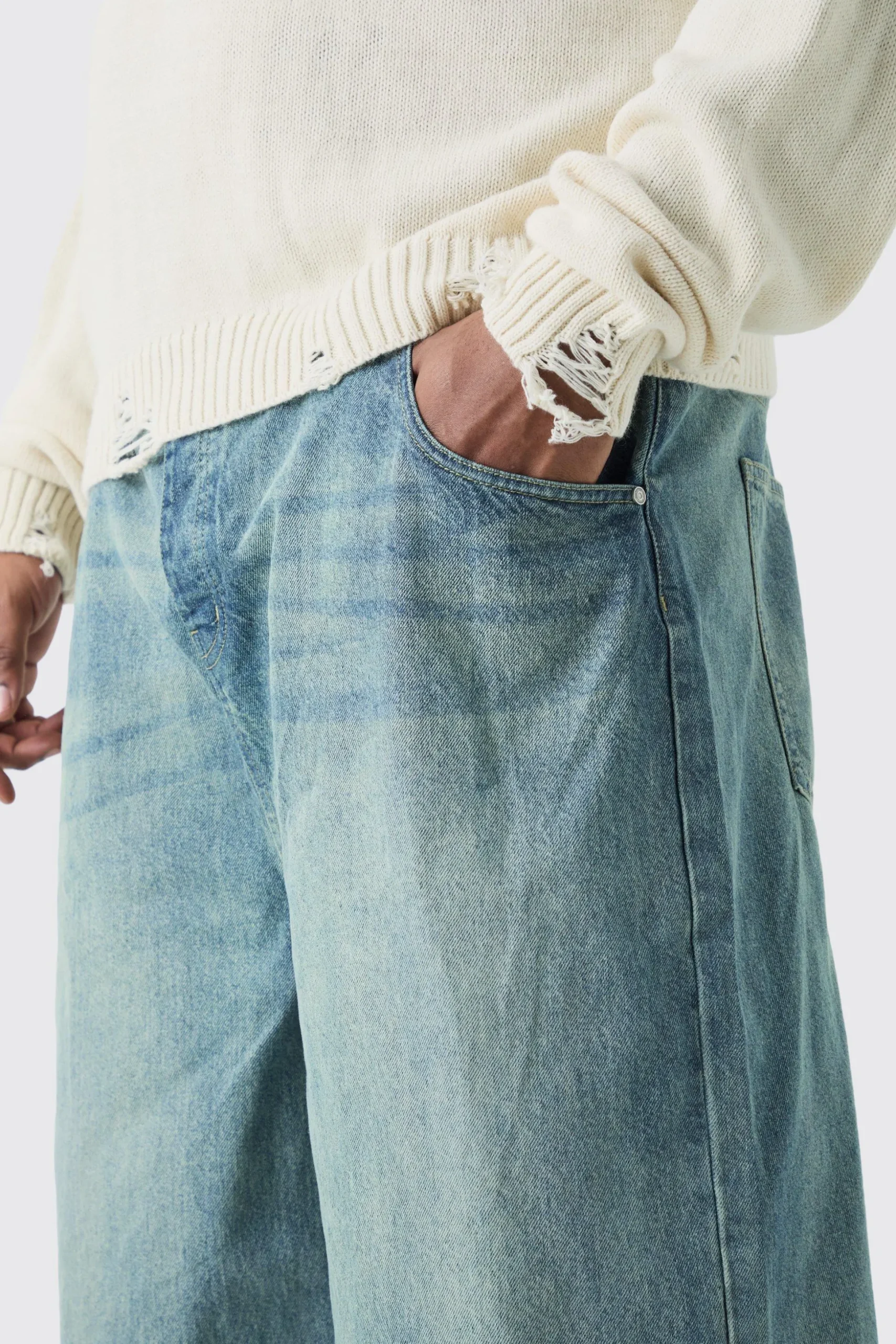 Plus Long Line Denim Jorts In Antique Blue Wash | BoohooMAN UK