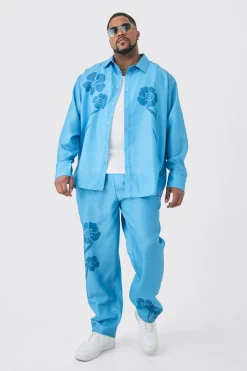 Plus Long Sleeve Floral Linen Look Shirt & Trouser Set | BoohooMAN UK