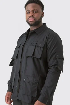 Plus Long Sleeve Poplin Utility Pocket Overshirt | BoohooMAN UK