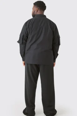 Plus Long Sleeve Poplin Utility Pocket Overshirt | BoohooMAN UK