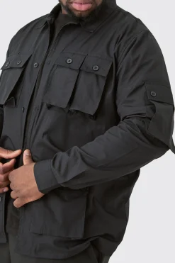 Plus Long Sleeve Poplin Utility Pocket Overshirt | BoohooMAN UK