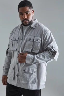 Plus Long Sleeve Poplin Utility Pocket Overshirt | BoohooMAN UK
