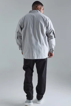 Plus Long Sleeve Poplin Utility Pocket Overshirt | BoohooMAN UK