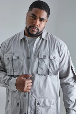 Plus Long Sleeve Poplin Utility Pocket Overshirt | BoohooMAN UK