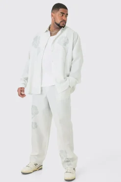 Plus Long Sleeve Tonal Floral Plus Linen Look Shirt & Trouser Set | BoohooMAN UK