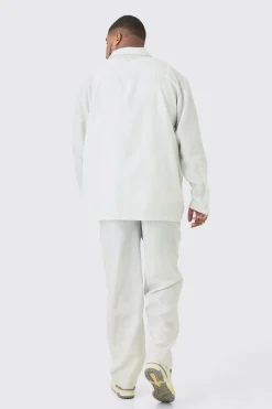 Plus Long Sleeve Tonal Floral Plus Linen Look Shirt & Trouser Set | BoohooMAN UK