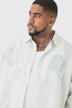 Plus Long Sleeve Tonal Floral Plus Linen Look Shirt & Trouser Set | BoohooMAN UK