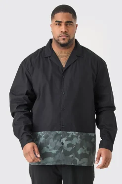 Plus Longsleeve Drop Revere Poplin Camouflage Print Shirt | BoohooMAN UK