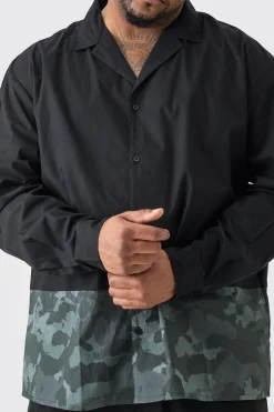 Plus Longsleeve Drop Revere Poplin Camouflage Print Shirt | BoohooMAN UK