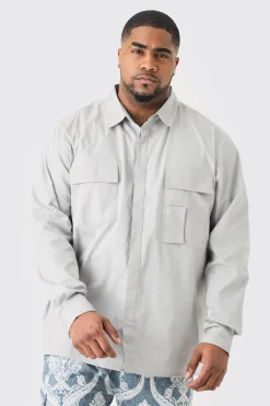 Plus Longsleeve Poplin Utility Layered Shirt | BoohooMAN UK