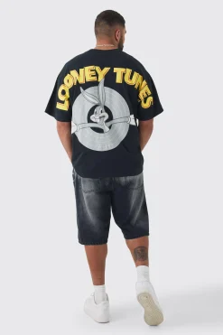 Plus Looney Tunes Licence Printed T-shirt In Black | BoohooMAN UK