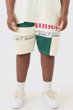Plus Loose Fit Graphic Patchwork Jersey Short In Ecru | BoohooMAN UK