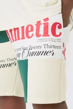 Plus Loose Fit Graphic Patchwork Jersey Short In Ecru | BoohooMAN UK