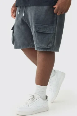 Plus Loose Fit Washed Cargo Jersey Short In Black | BoohooMAN UK