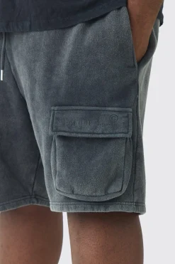 Plus Loose Fit Washed Cargo Jersey Short In Black | BoohooMAN UK