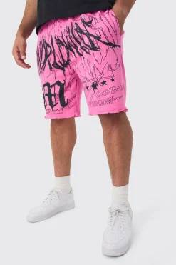 Plus Loose Fit Worldwide Graphic Distressed Shorts | BoohooMAN UK