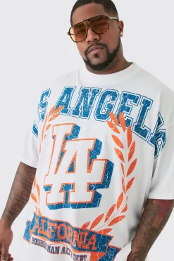 Plus Los Angeles Over The Seam Graphic T-shirt In White | BoohooMAN UK