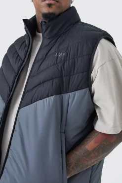 Plus Man Colour Block Quilted Funnel Neck Gilet | BoohooMAN UK