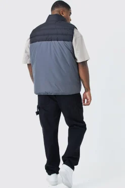Plus Man Colour Block Quilted Funnel Neck Gilet | BoohooMAN UK