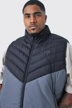 Plus Man Colour Block Quilted Funnel Neck Gilet | BoohooMAN UK