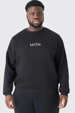 Plus Man Dash Crew Neck Sweatshirt In Black | BoohooMAN UK