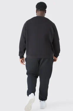 Plus Man Dash Crew Neck Sweatshirt In Black | BoohooMAN UK