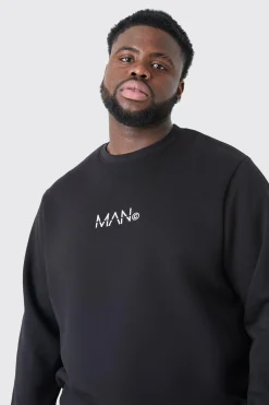Plus Man Dash Crew Neck Sweatshirt In Black | BoohooMAN UK