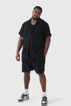 Plus Man Embossed Towelling Shirt & Short Set Black | BoohooMAN UK