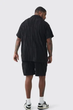 Plus Man Embossed Towelling Shirt & Short Set Black | BoohooMAN UK