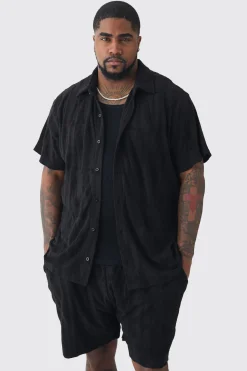 Plus Man Embossed Towelling Shirt & Short Set Black | BoohooMAN UK