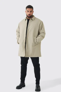 Plus Man Tab Crinkle Longline Mac In Sand | BoohooMAN UK