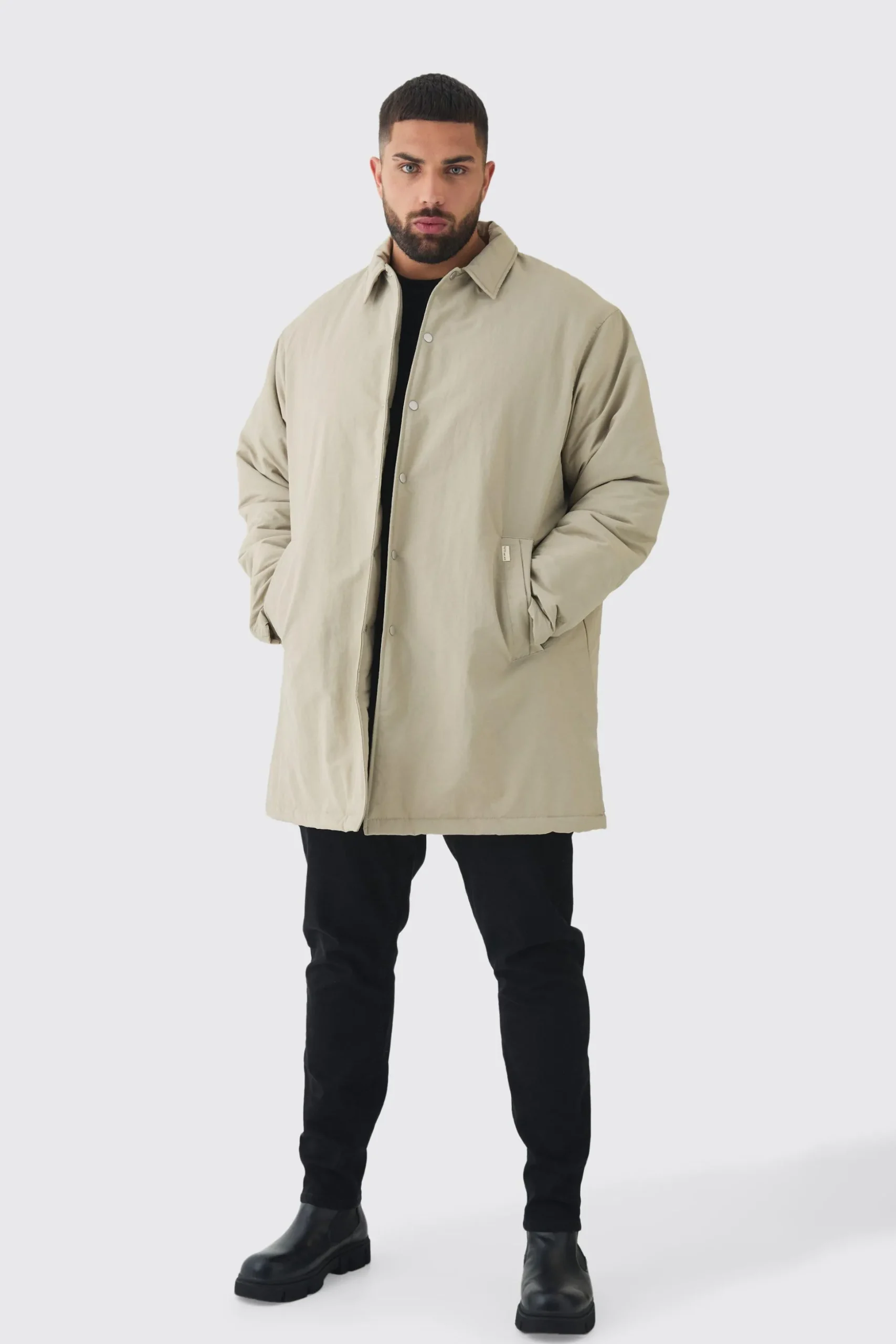 Plus Man Tab Crinkle Longline Mac In Sand | BoohooMAN UK