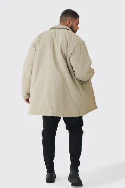 Plus Man Tab Crinkle Longline Mac In Sand | BoohooMAN UK