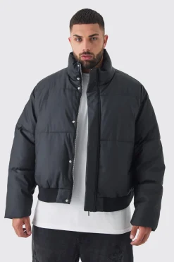 Plus Matte PU Funnel Neck Puffer In Black | BoohooMAN UK