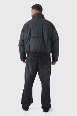 Plus Matte PU Funnel Neck Puffer In Black | BoohooMAN UK