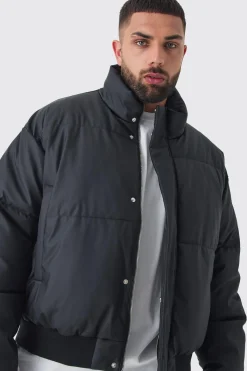 Plus Matte PU Funnel Neck Puffer In Black | BoohooMAN UK