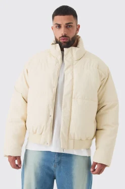 Plus Matte PU Funnel Neck Puffer In Stone | BoohooMAN UK