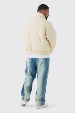 Plus Matte PU Funnel Neck Puffer In Stone | BoohooMAN UK
