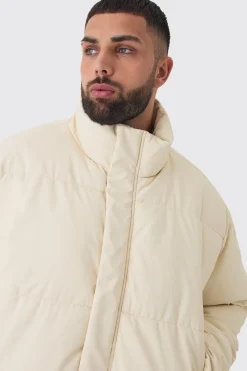 Plus Matte PU Funnel Neck Puffer In Stone | BoohooMAN UK